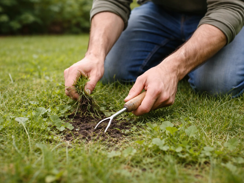 Pelouse envahie, mains griffant et retirant les mauvaises herbes avec un outil à la base de la zone.