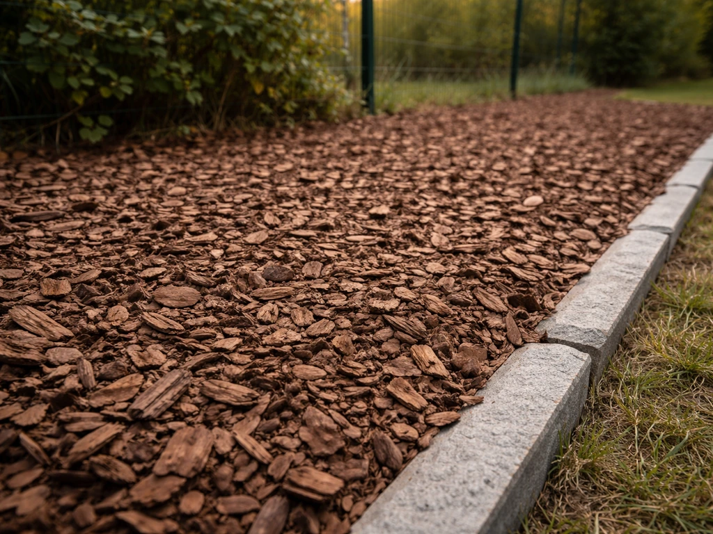 Gros plan d’un massif avec paillage épais en écorce de pin/broyat, herbes étouffées sous la couverture.