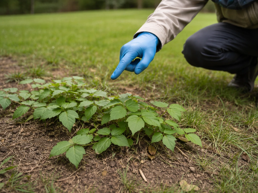 Jardin infesté d’herbe à puce aux feuilles en trois, une personne protégée désigne la plante sans contact direct.