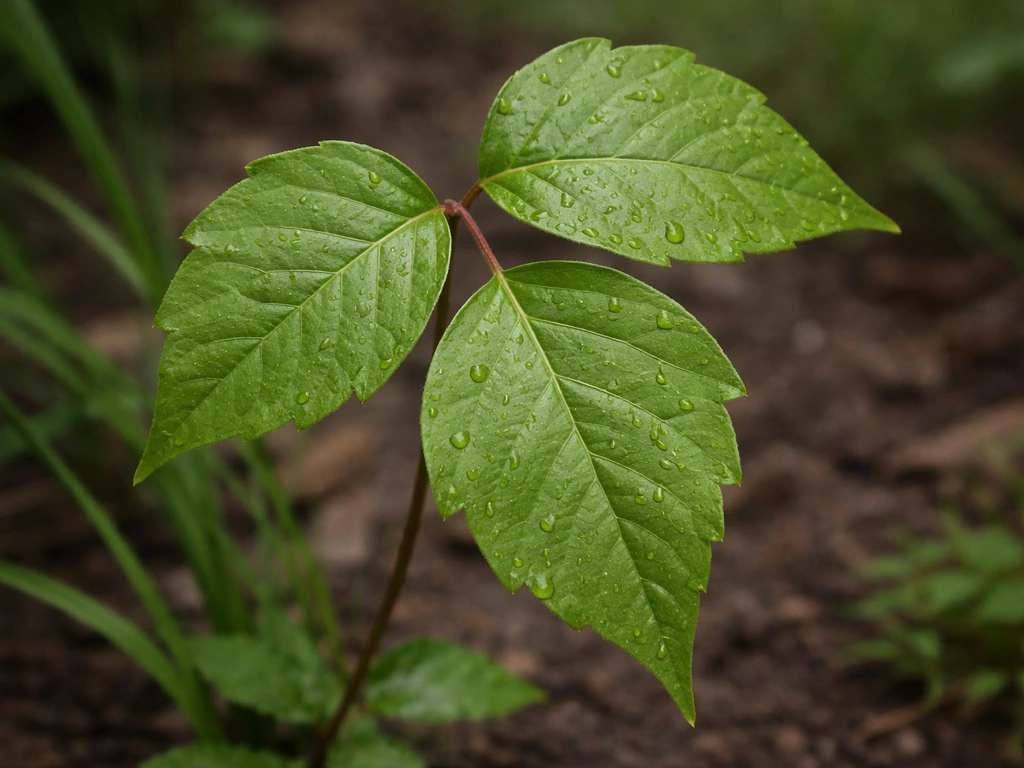 Plan rapproché de feuilles composées à trois folioles d’herbe à puce, nervures visibles et bord légèrement dentelé