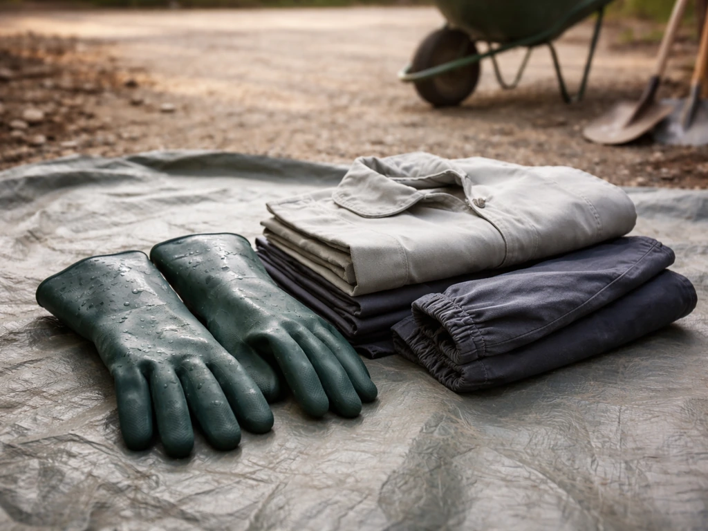 Gants épais imperméables et manches longues disposés près d’un sac pour travaux de jardin, ambiance chantier