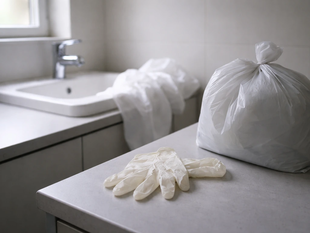 Combinaison jetable et sac dédié près d’un lavabo, suggérant le retrait puis le lavage séparé.