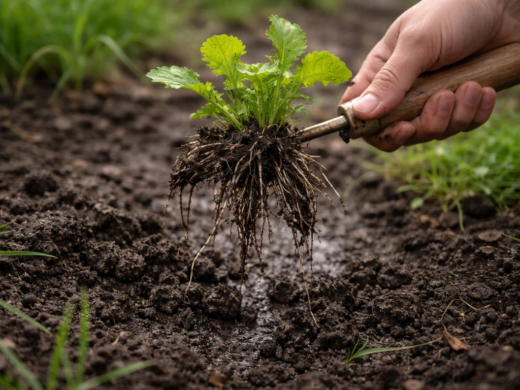 Jardinier anonyme arrache une plante aux racines visibles avec une binette, terre détrempée après arrosage.