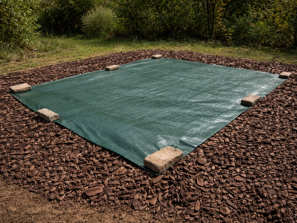 Bâche anti-UV opaque verte bien lestée sur une zone de sol, entourée de paillage sombre.