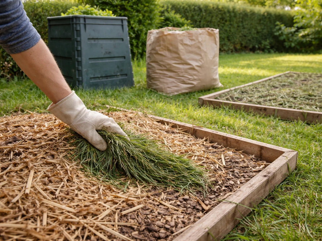 Jardin français avec bac à compost, paillage et zone de déchets verts pour l’herbe coupée