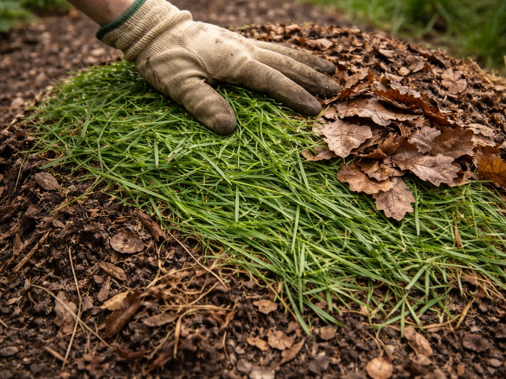 Gros plan sur l’étalage d’une fine couche d’herbe puis de feuilles sèches dans un compost.