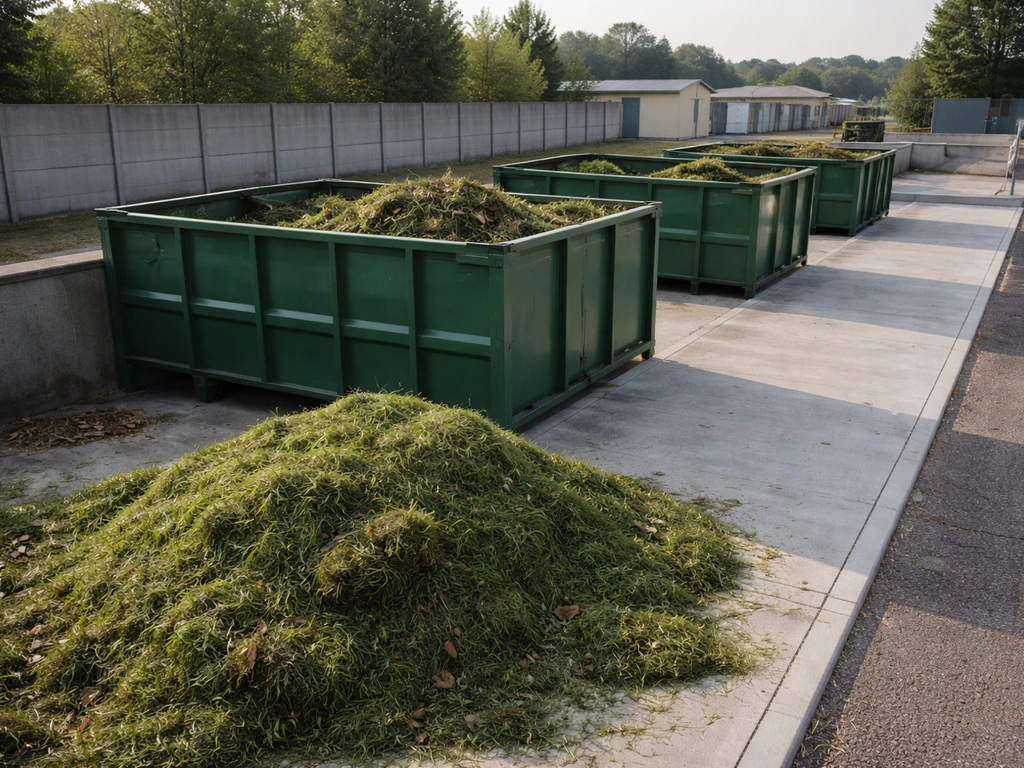 Quai de déchèterie dédié aux déchets verts avec bennes pour les tontes de gazon