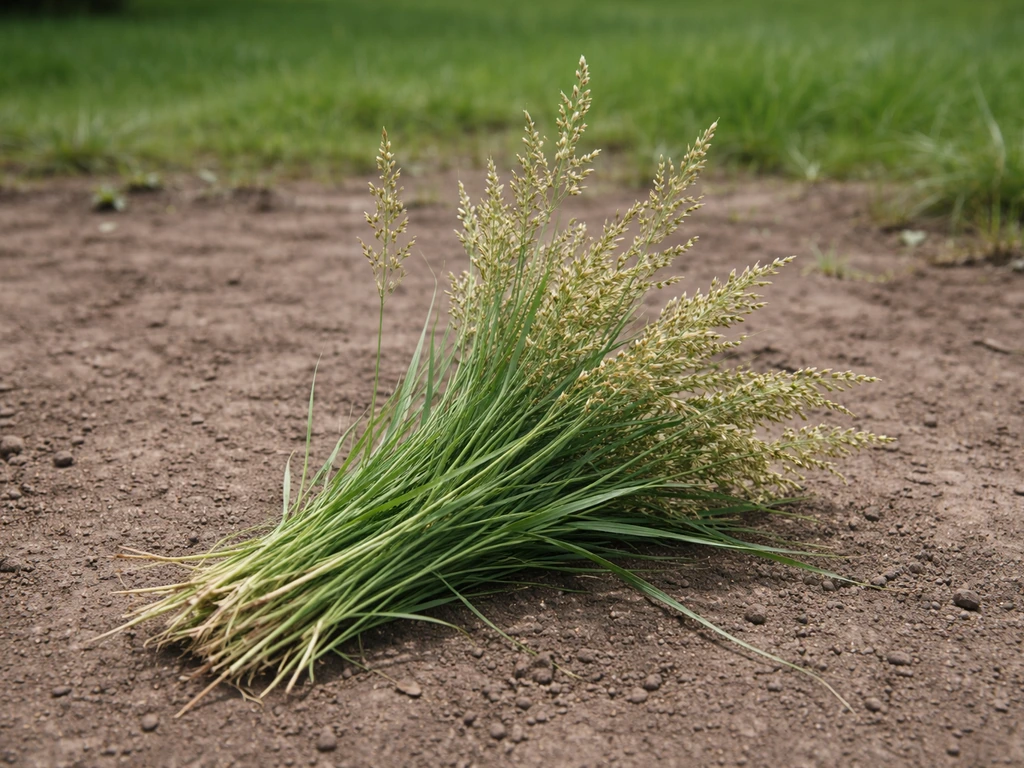 Herbe de gazon avec épis et graines visibles posée sur une terre de jardin, sans personne ni texte.