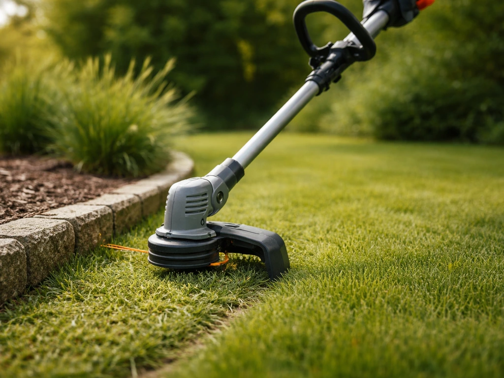 Coupe-herbe moderne en action sur une pelouse française, bordure de jardin nette, herbe fraîchement taillée.