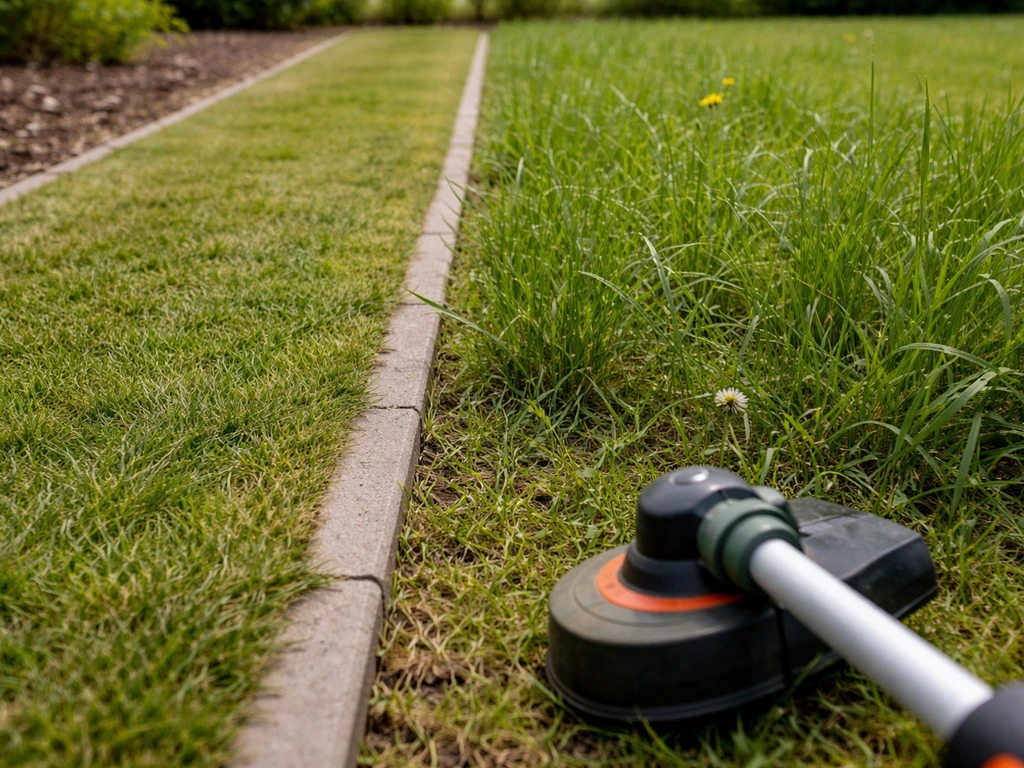 Vue rapprochée d’un jardin français avec herbe fine près d’une bordure et herbes plus hautes à traiter.