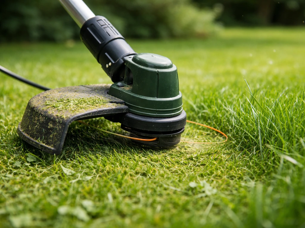 Gros plan de la tête de coupe d’une débroussailleuse filaire sur de l’herbe, montrant la coupe nette.