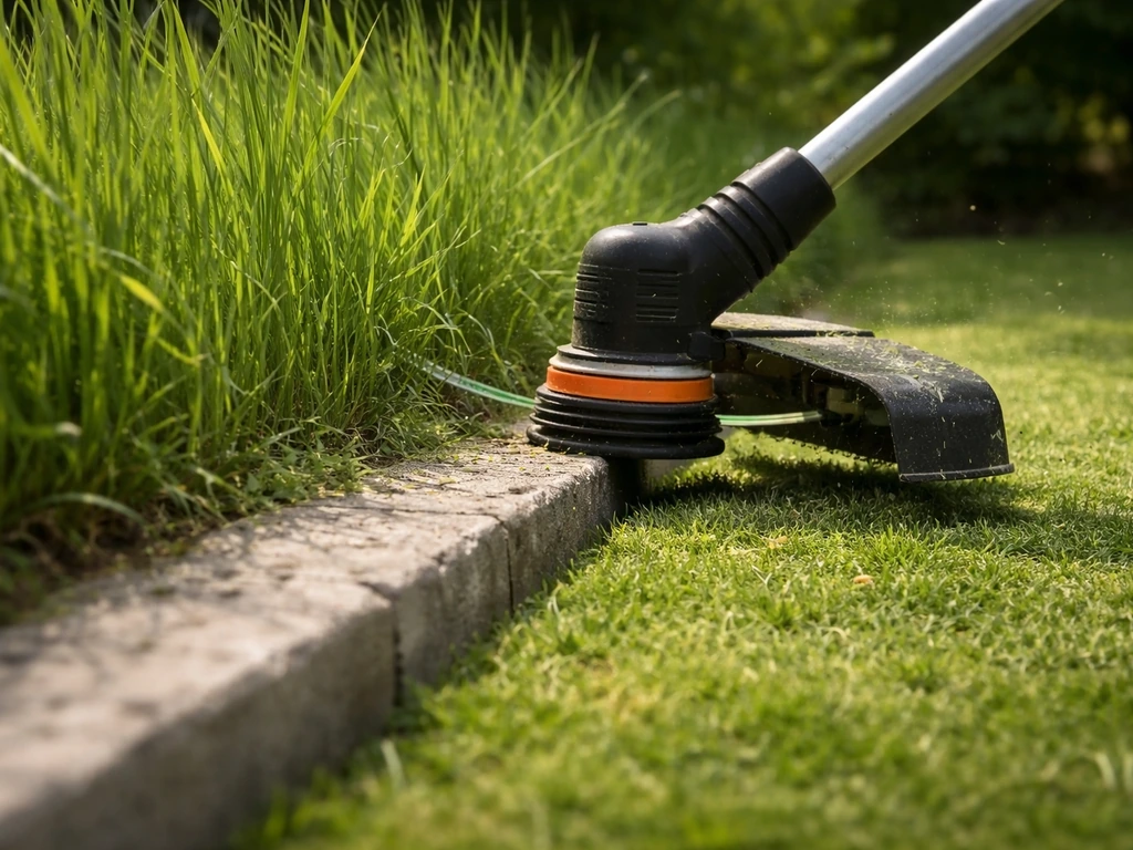 Tondeuse coupe l’herbe haute le long d’une bordure, angle d’environ 30° pour une coupe nette.
