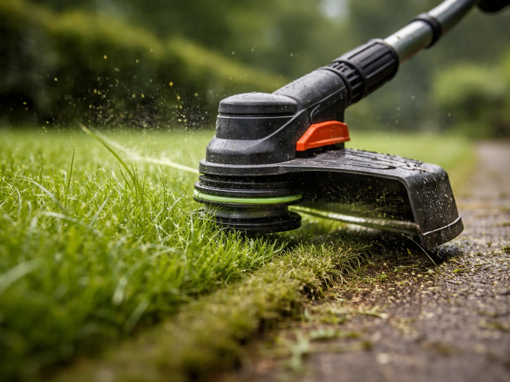Un coupe-bordure coupe net une bordure d’herbe humide, herbe mouillée proprement sans bourrage ni scalpage.