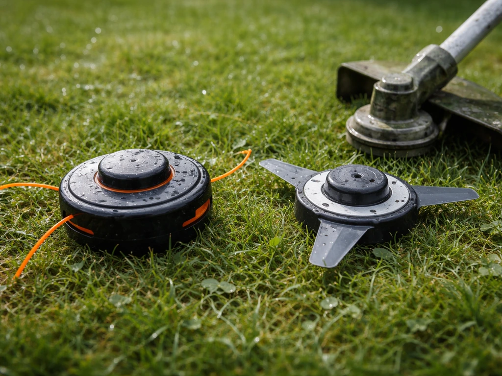 Coupe-bordures sur herbe humide, tête à fil et tête à lame plastiques/métal montrées côte à côte