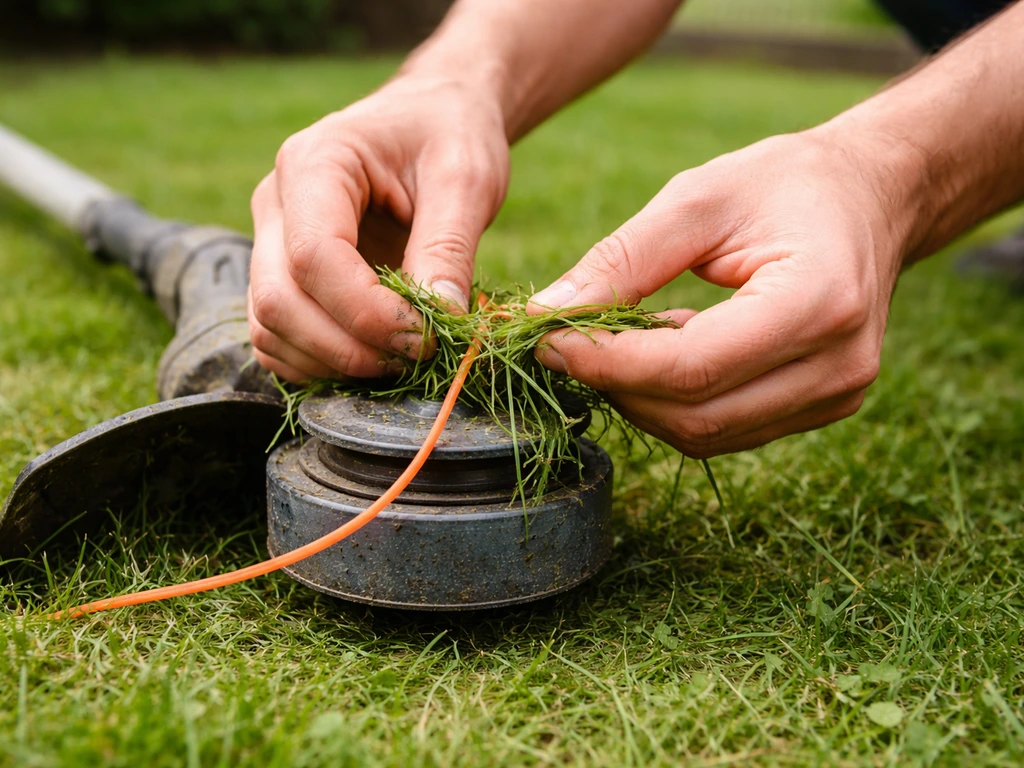 Mains retirant un amas d’herbe autour du fil d’une tondeuse près du sol, sans outil tranchant.