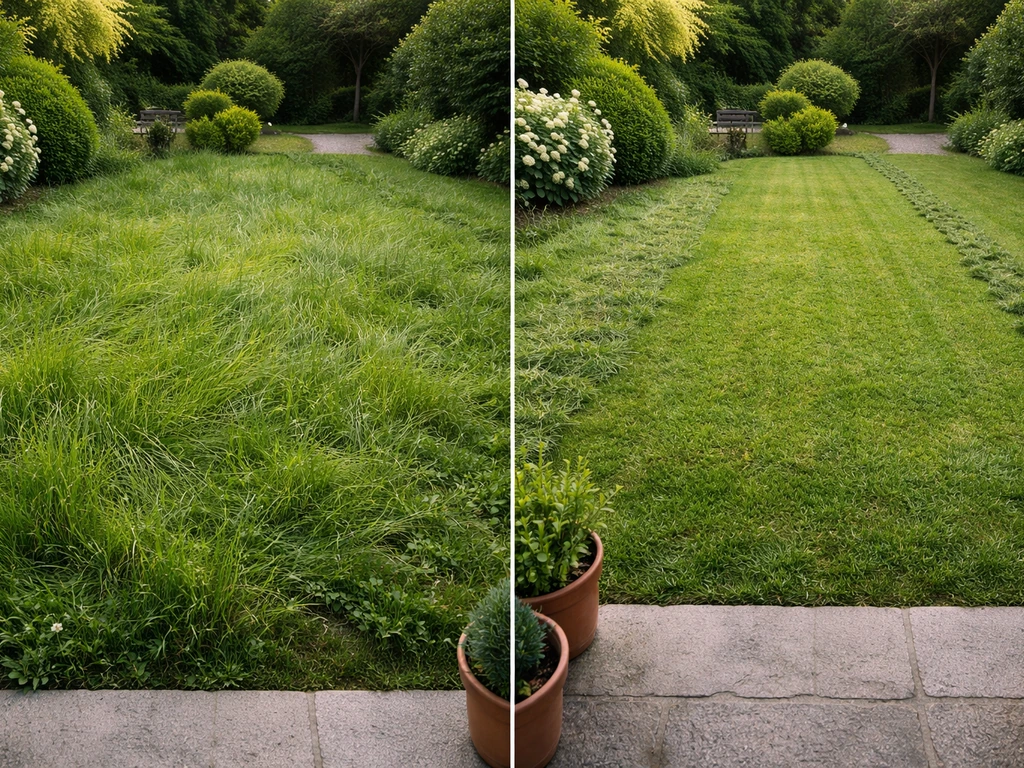Pelouse de jardin avant et après coupe de grande herbe, andains visibles, hauteur d’herbe nette.