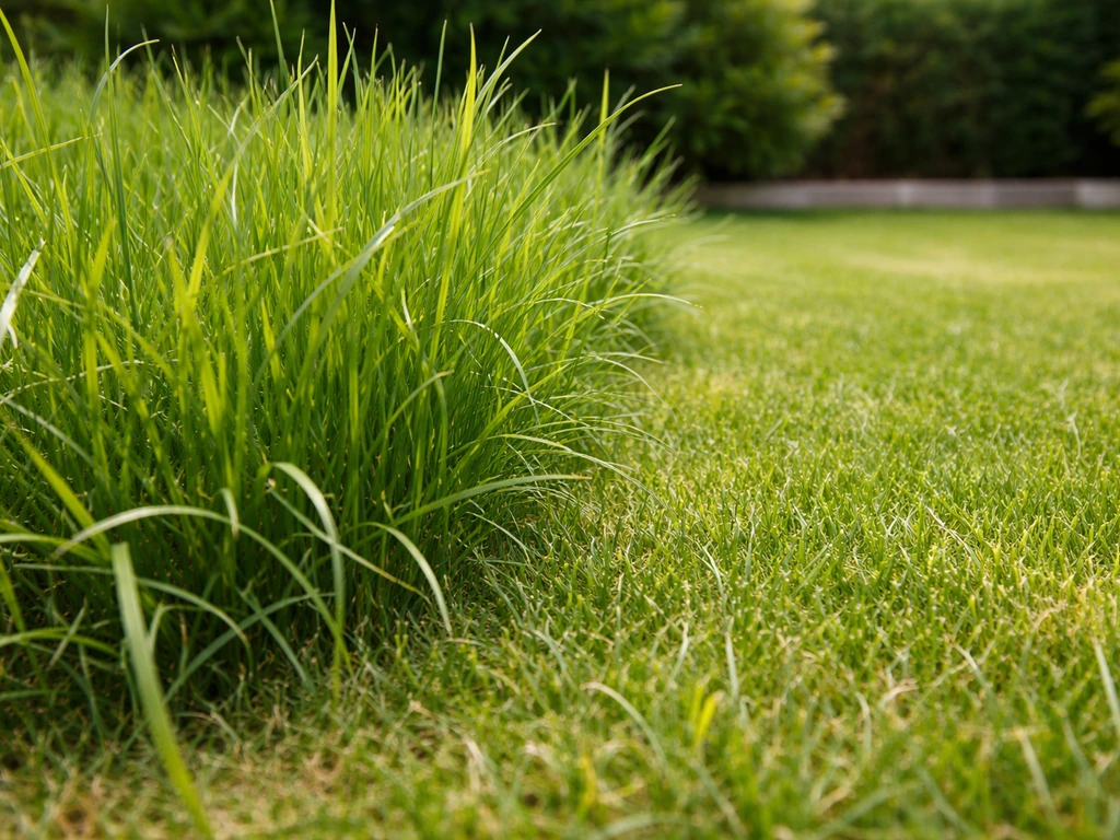 Herbe haute d’environ 20 cm dans un jardin, au premier plan, avec une zone plus courte près de la tonte.