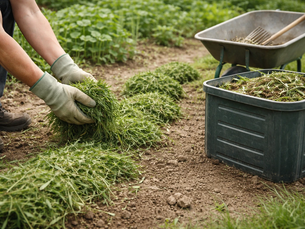 Herbe fraîche coupée ramassée en andains, avec gants et bac de compost pour compostage et paillage.