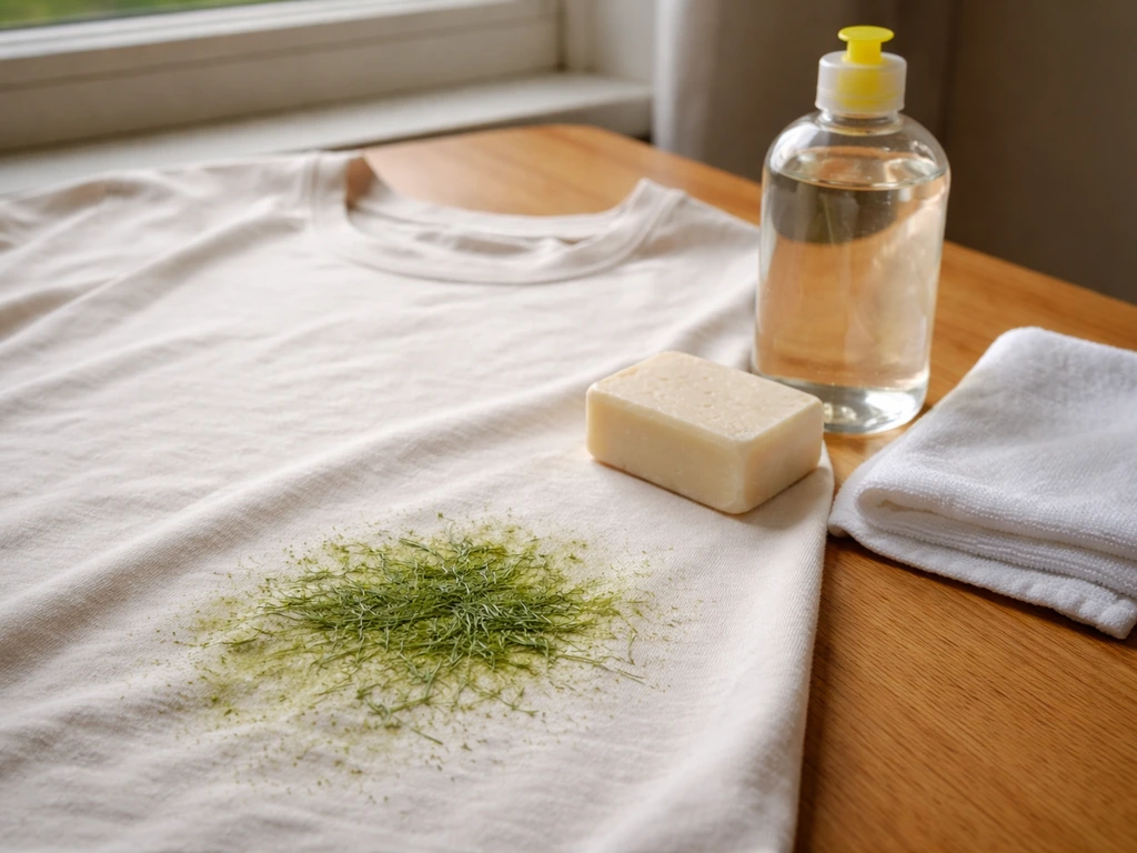 Gros plan d’un vêtement avec tache d’herbe verte, chiffon et savon de Marseille pour la méthode de détachage.