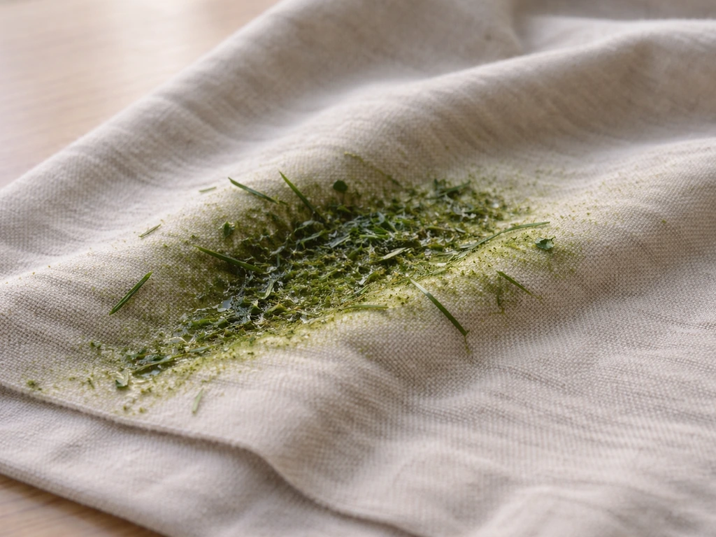 Gros plan d’un tissu taché d’herbe verte, montrant fibres, brins et résidus collants