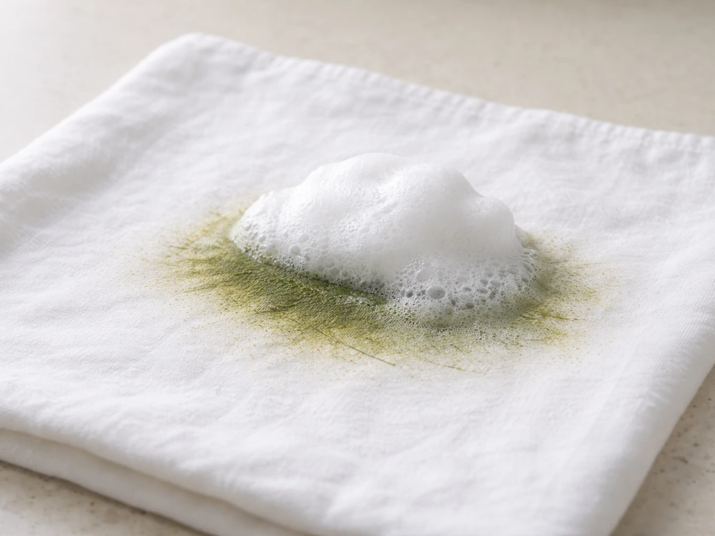 Savon de Marseille en mousse sur une tache d’herbe, tissu humide, zone traitée plus claire
