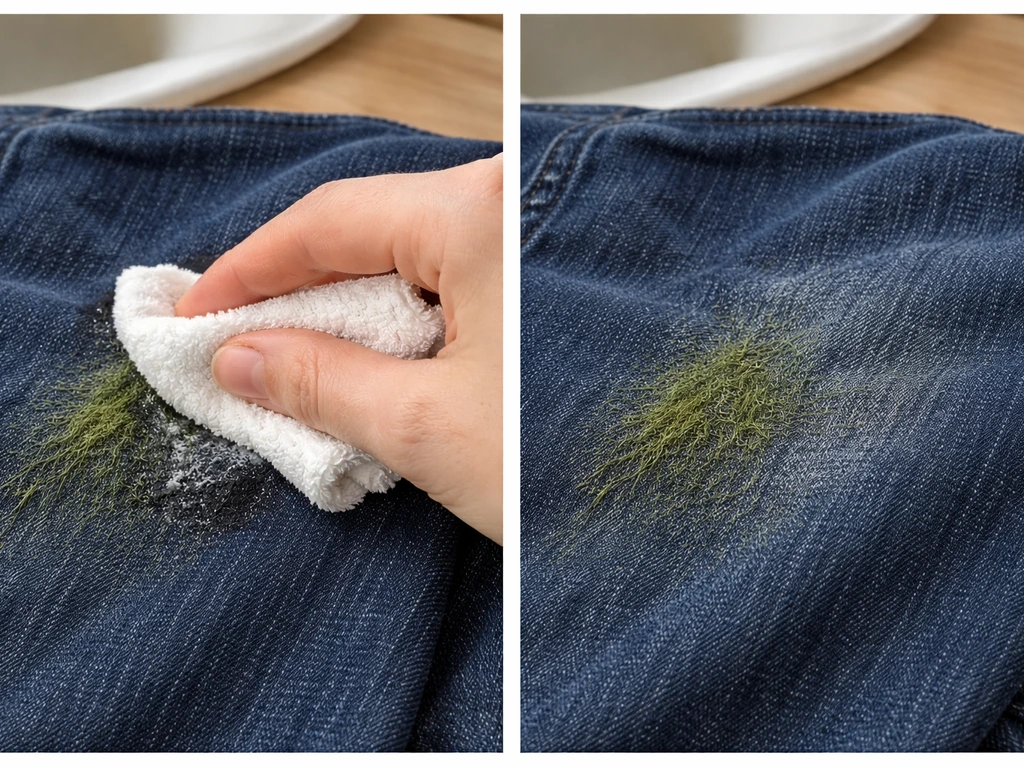 Chiffon blanc tamponnant une tache d’herbe sur un tissu, puis zone légèrement éclaircie après pose courte.