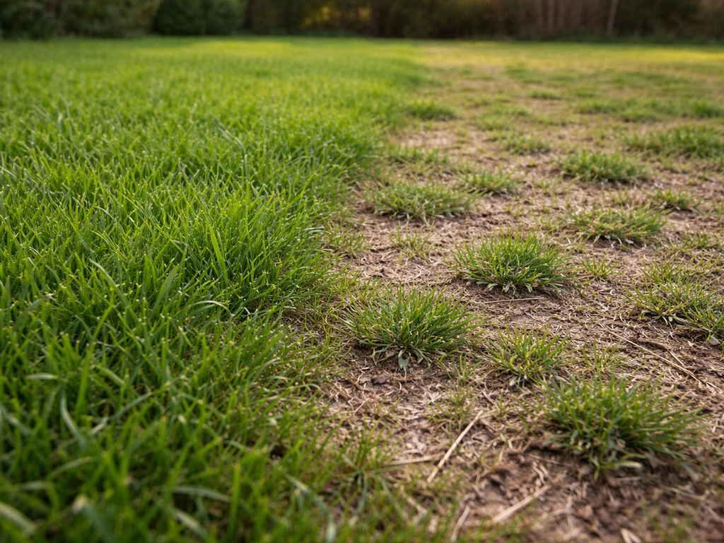 Pelouse française avec zones clairsemées où l’herbe indésirable apparaît, vue panoramique avant travaux
