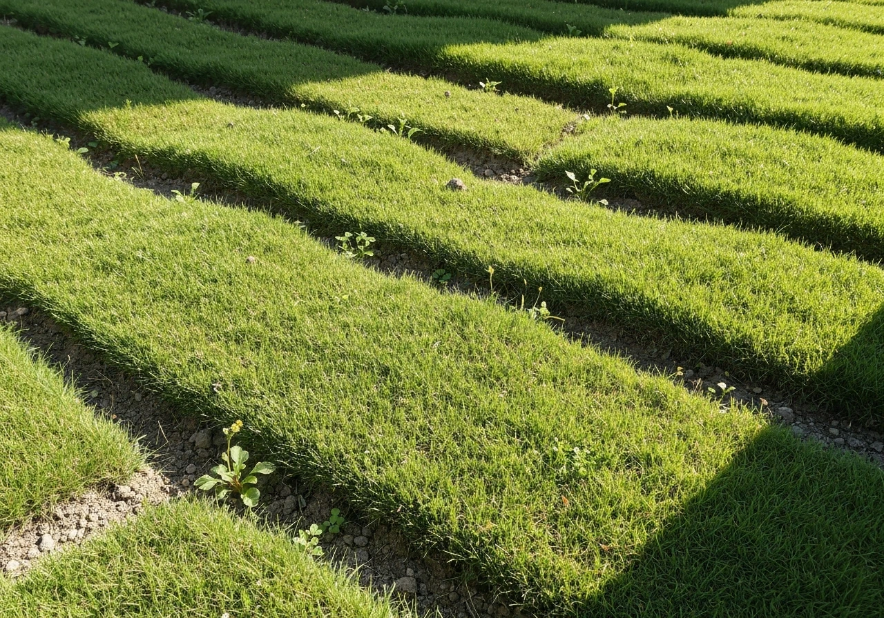 Pelouse de jardin vue de près, zones clairsemées et sol nu/compacté avec indices d’ombre.