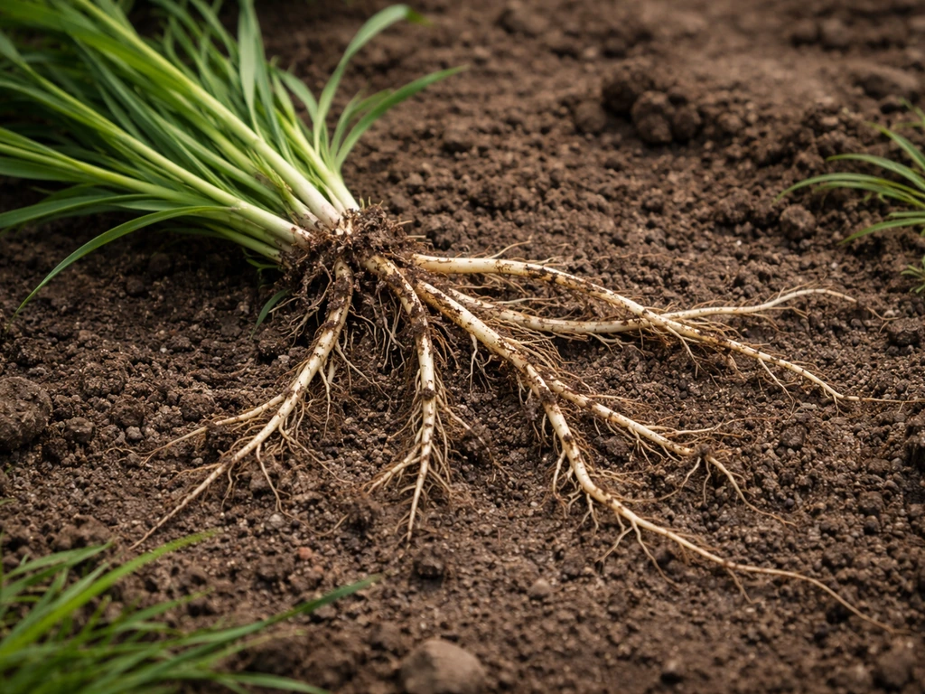 Brin de chiendent arraché avec rhizomes blanchâtres visibles sur une terre de jardin humide.