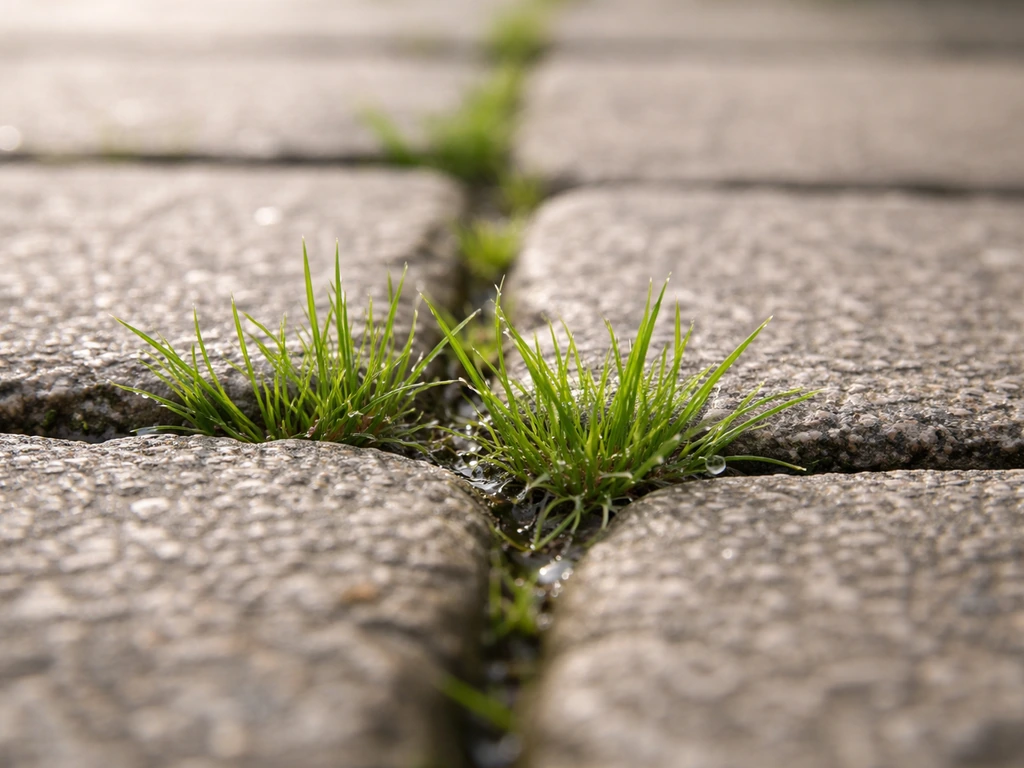 Herbe verte qui pousse dans les fissures entre des pavés, vue macro sur la pierre et les joints.