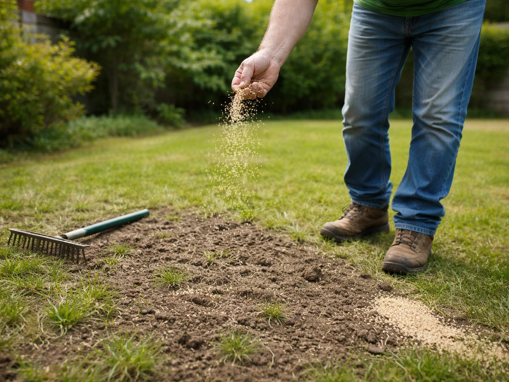 Pelouse clairsemée en cours de réensemencement : graines visibles sur une zone préparée, jardin au fond.