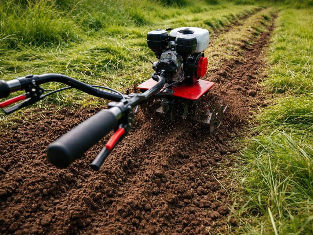 Motoculteur sur herbe en action, sol ameubli et herbe travaillée sur une parcelle envahie.