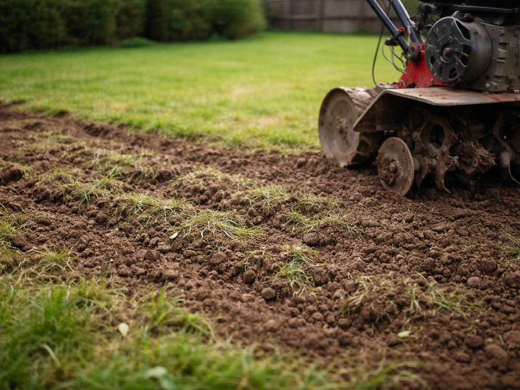 Herbe incorporée et terre ameublie après passage d’un motoculteur, préparation pour un engazonnement.