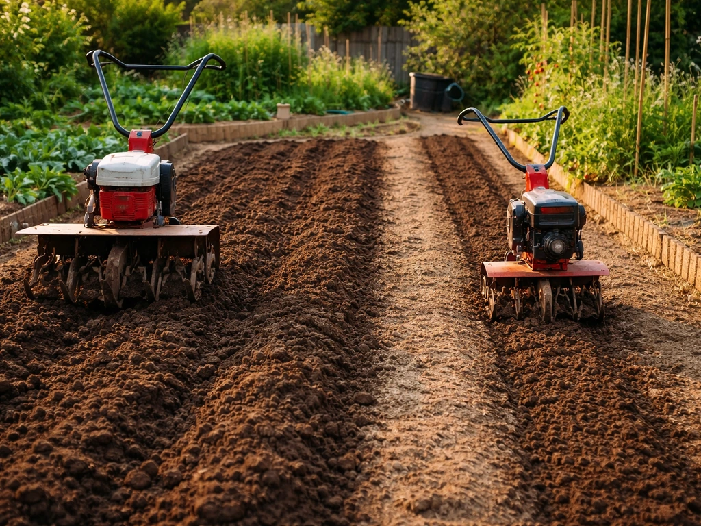 Un motoculteur et une motobineuse au jardin, montrant deux largeurs de travail distinctes dans la terre