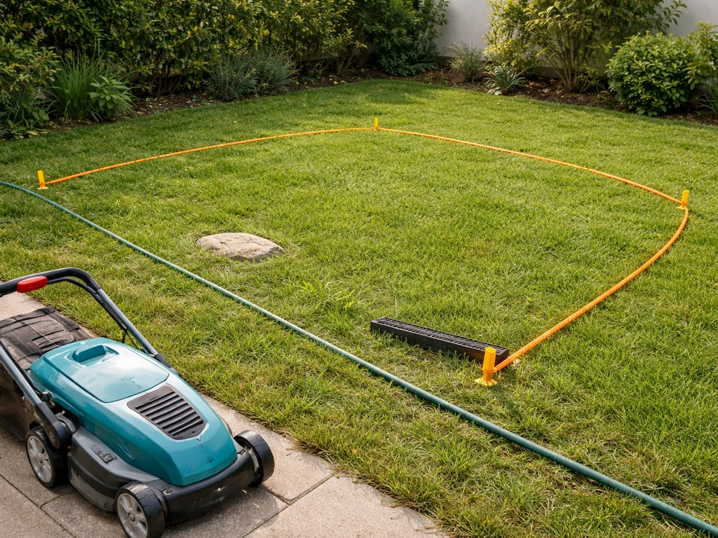 Jardin avec ruban de délimitation et outils, avant de passer la tondeuse/les fraises sur l’herbe