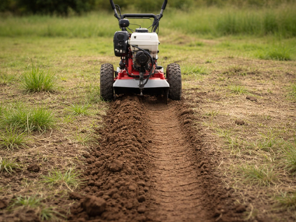 Mini-tracteur réalisant un premier passage de dégrossissage, outil réglé, trace de terre fraîche sur une petite zone.