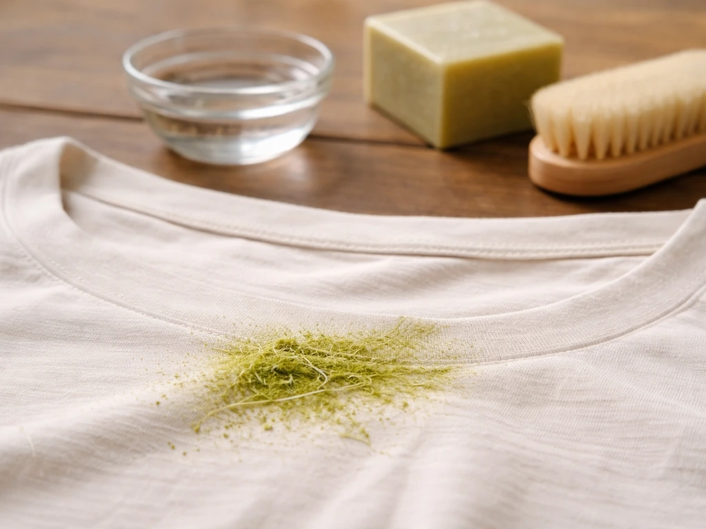 Gros plan d’un tissu avec une tache d’herbe fraîche, savon de Marseille, vinaigre blanc et brosse douce en arrière-plan.