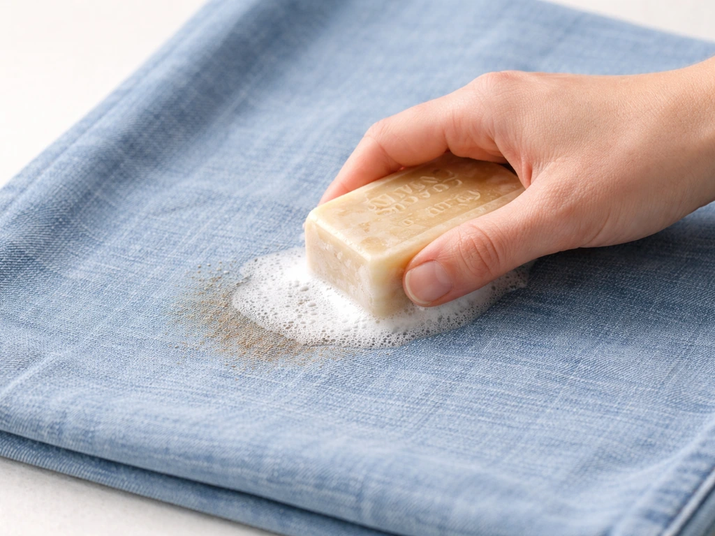 Frottage localisé au savon de Marseille sur une tache de coton/denim, mousse visible sur les fibres.