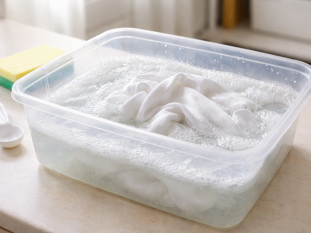 Vêtement blanc entièrement immergé dans un bac avec solution blanchâtre bouillonnante de détachant à l’oxygène.