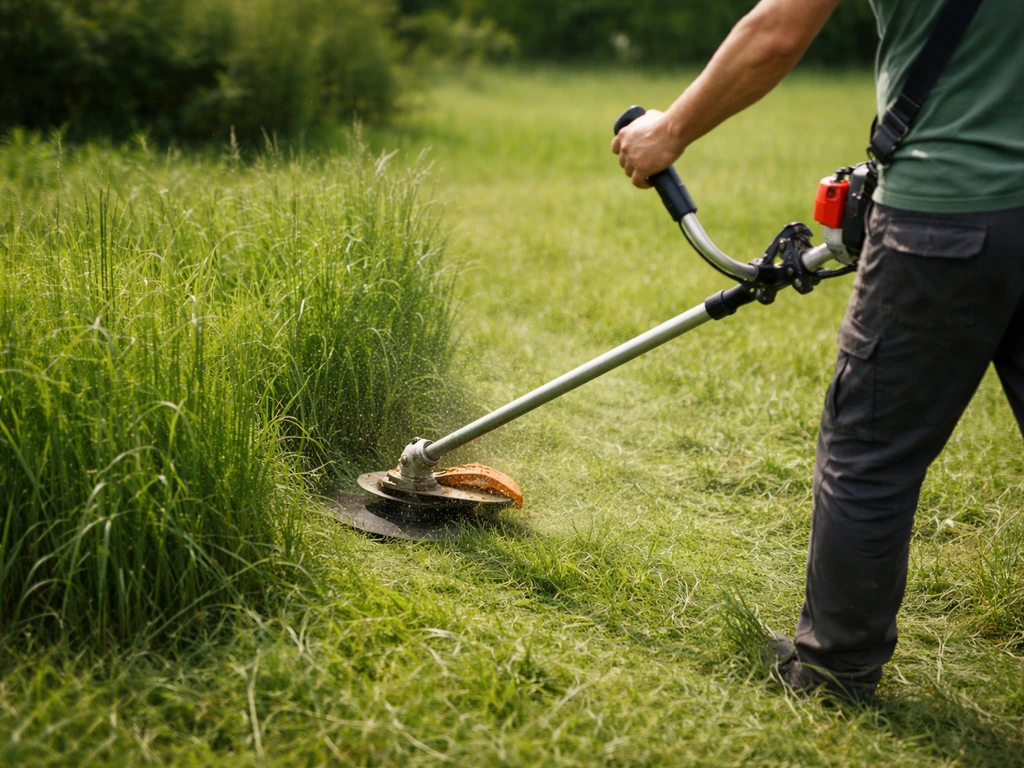 Débroussailleuse en action dans l’herbe haute, bande rasée nette visible à côté d’herbe plus haute.