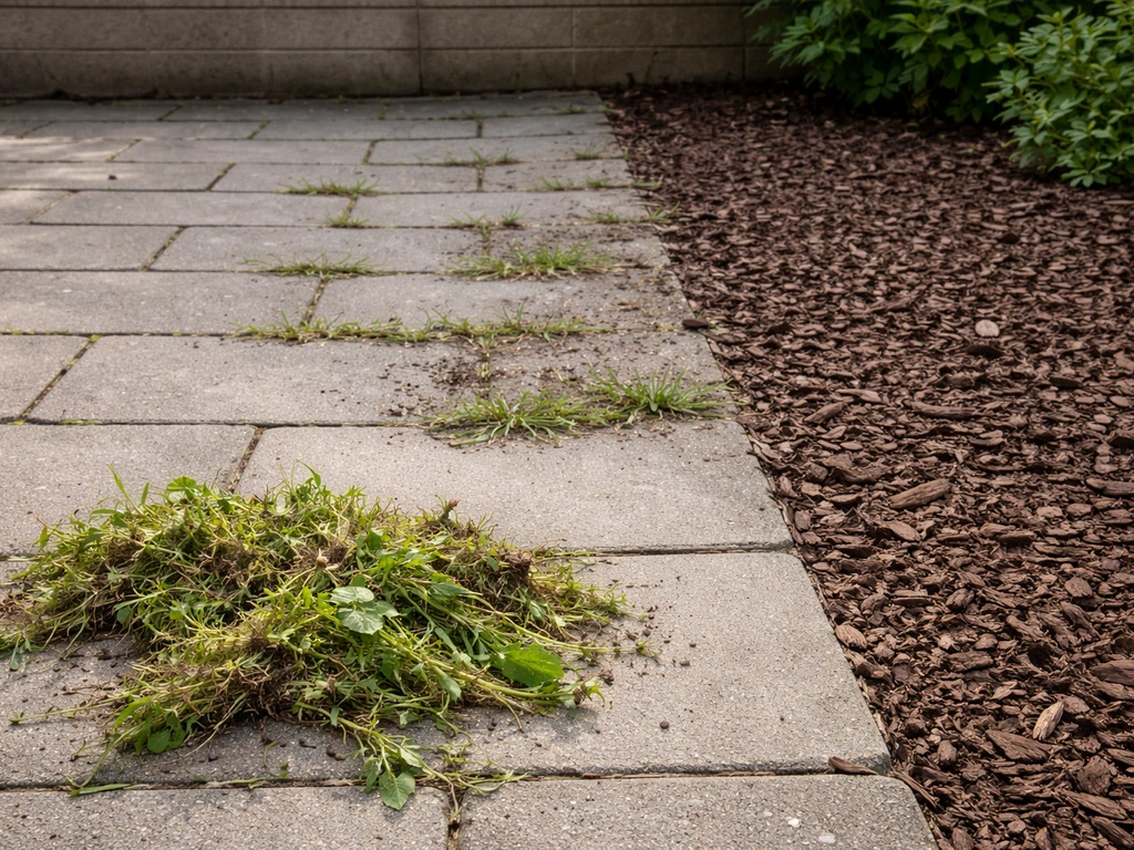 Allée partiellement désherbée, herbes arrachées au sol et paillage en cours pour éviter la repousse.
