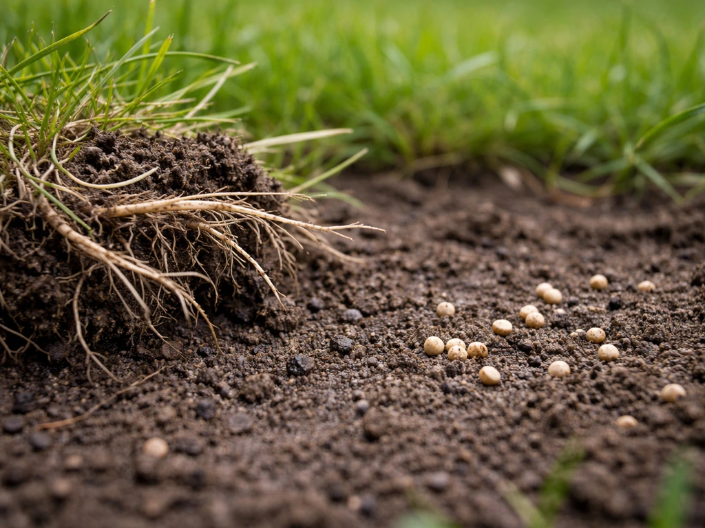 Gros plan au sol d’herbe arrachée avec racines/rhizomes et à côté des graines au premier plan, lumière naturelle.