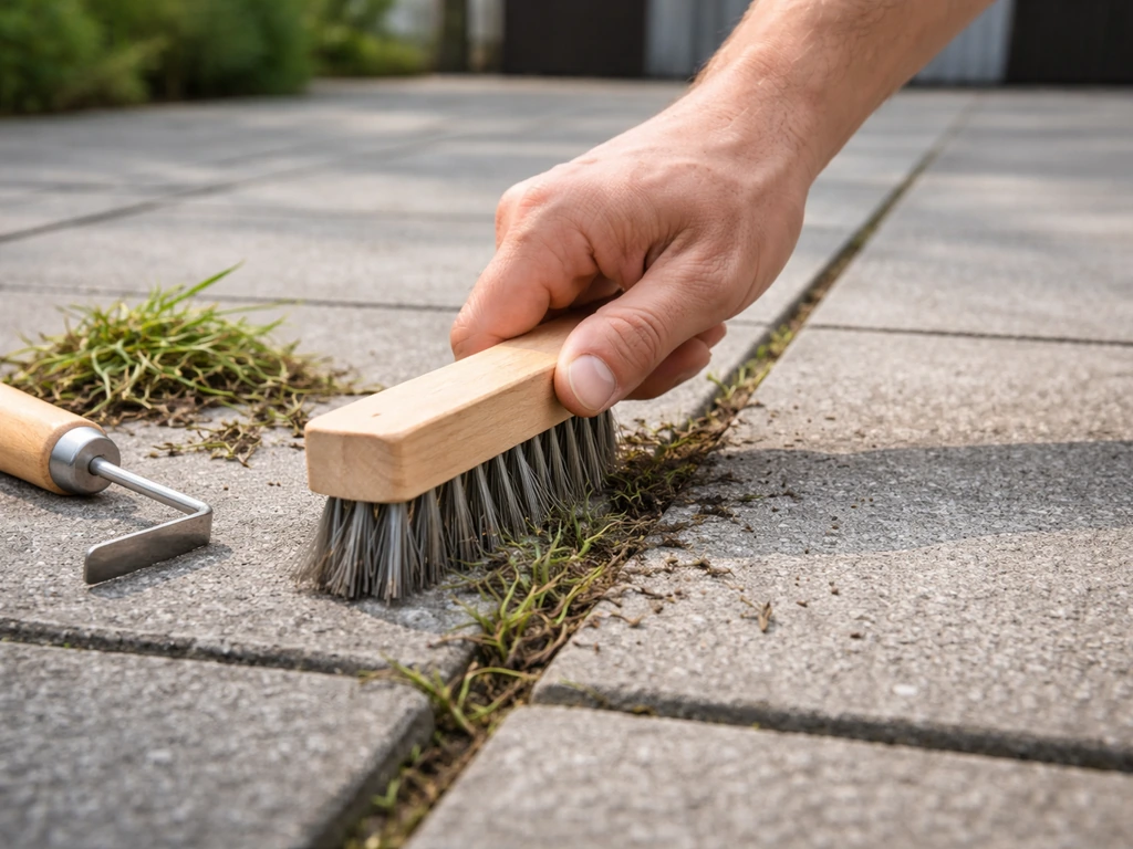 Main tenant une brosse de désherbage frottant des herbes dans les joints entre dalles grises.