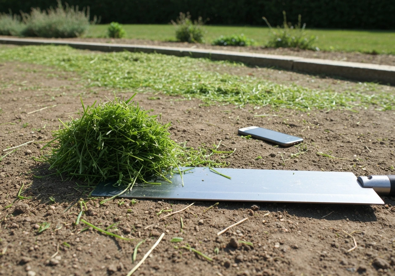 Andains d’herbe ramassée près d’une lame de tonte essuyée, outil rangé, pelouse fraîchement coupée.