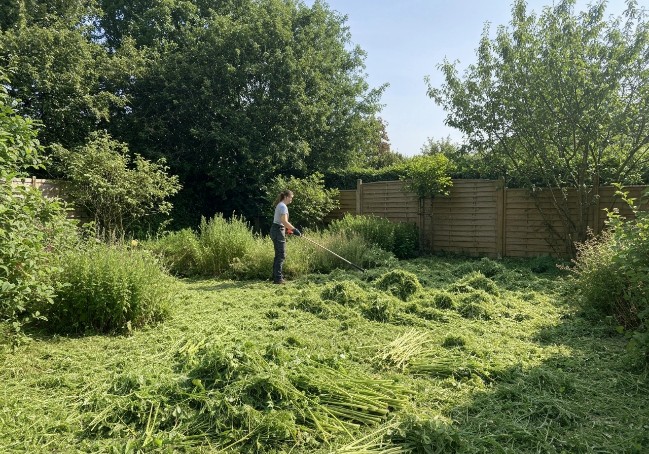 Débroussailleuse en action dans un jardin, herbe haute en cours de coupe, résidus verts au sol.