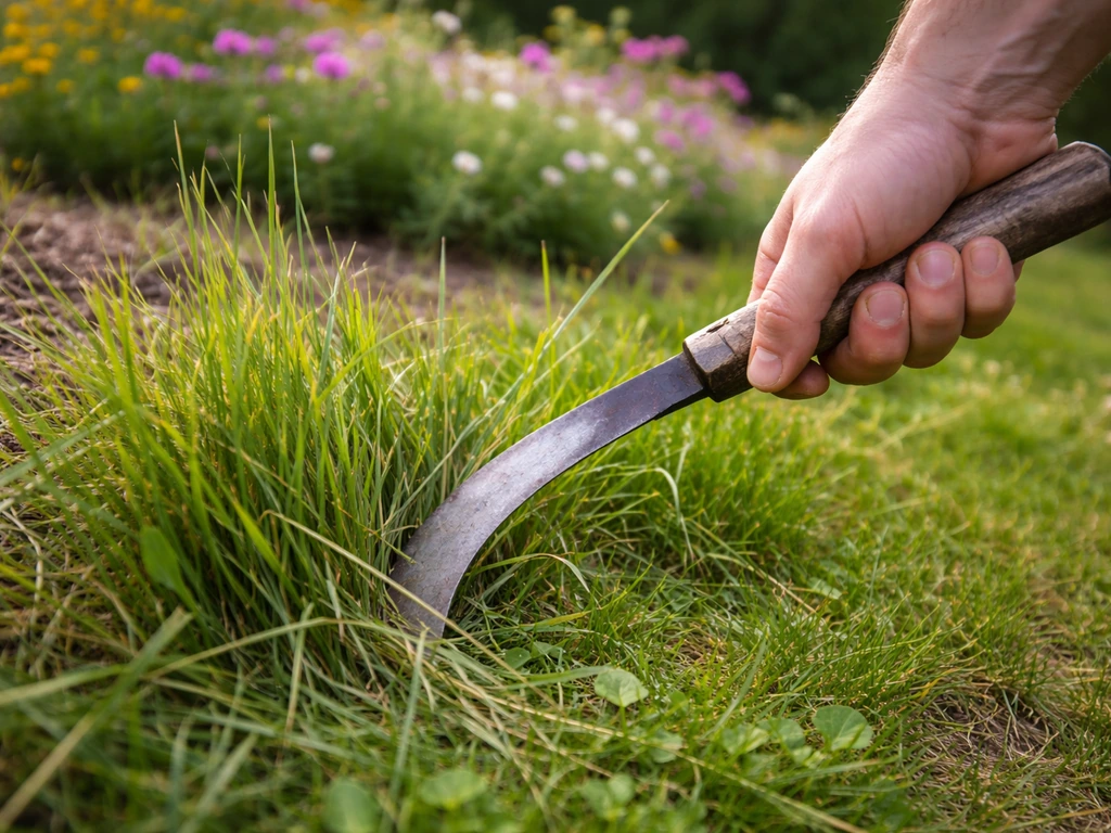 Main tenant une serpe sur une petite zone d’herbe haute près d’un massif, jardin naturel et minimal.