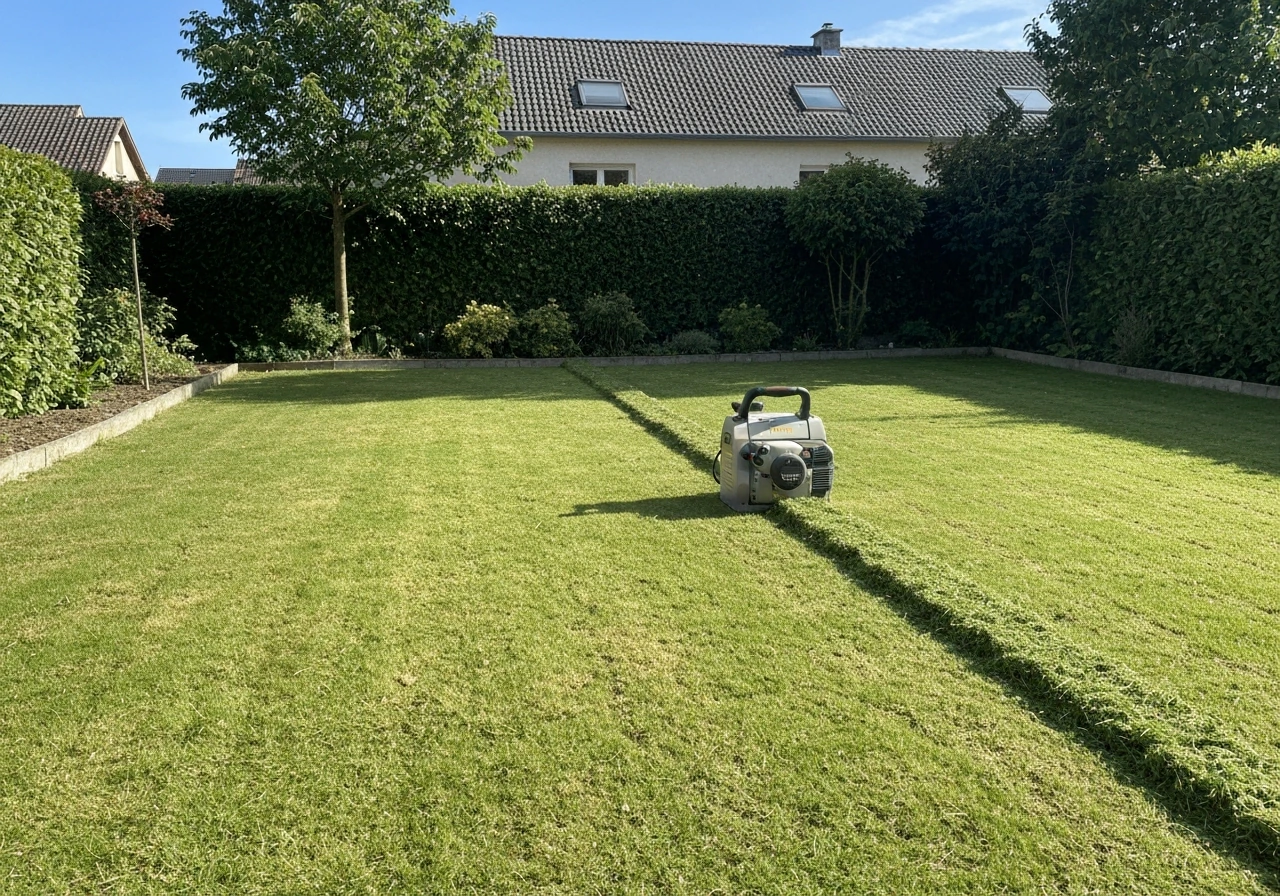 Tondeuse passant par bandes sur une pelouse, herbe plus haute avant et coupe nette après, sans personne.
