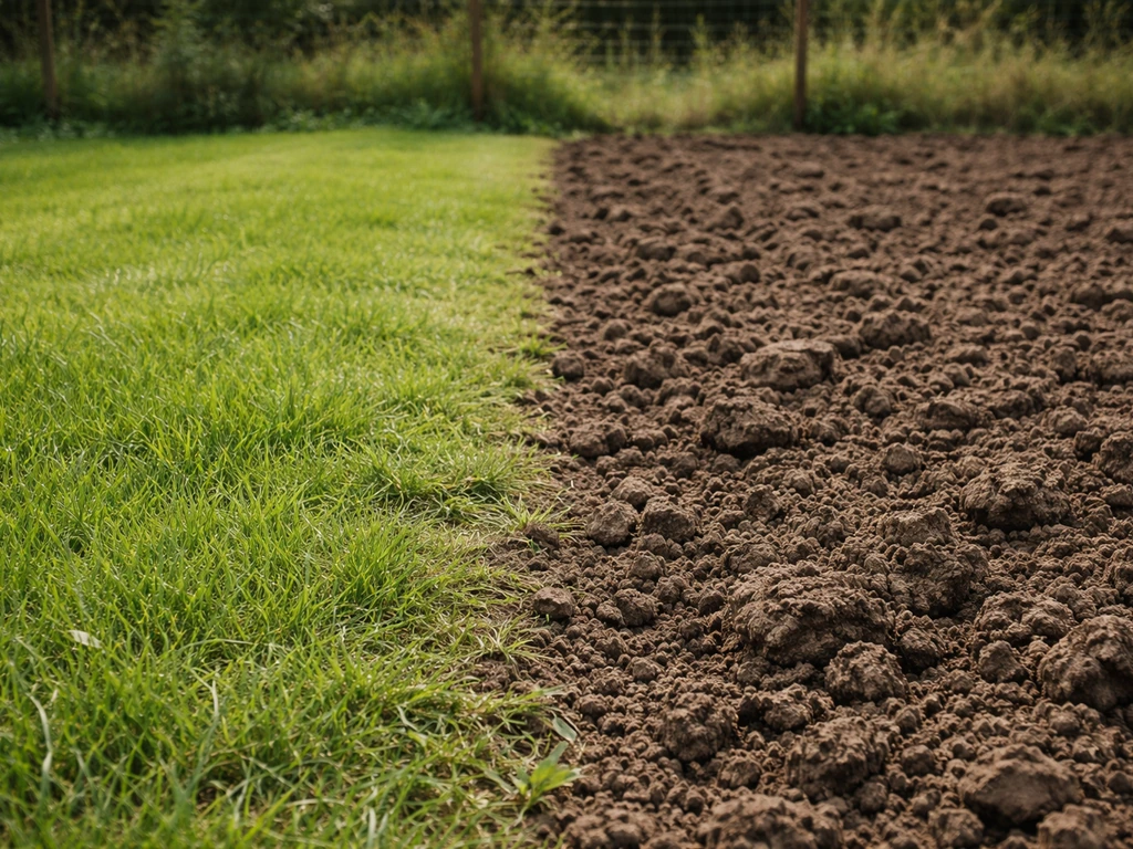 Comparaison visuelle: pelouse verte avant, sol travaillé avec traces de labour après, en jardin potager en France.