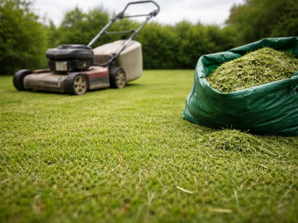 Pelouse tondue ras avec résidus d’herbe ramassés dans une bâche, tondeuse à proximité.