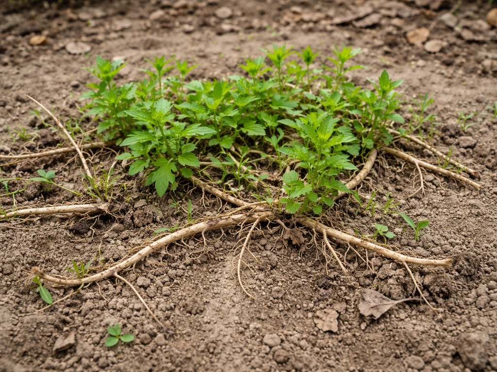 Gros plan sur des repousses de vivaces envahissantes avec rhizomes visibles avant le labour dans la terre.
